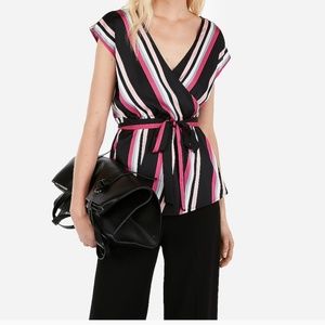 EXPRESS Asymmetrical Striped Satin Surplice Top